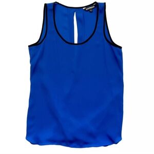 Royal blue tank top with open draped back and black piping